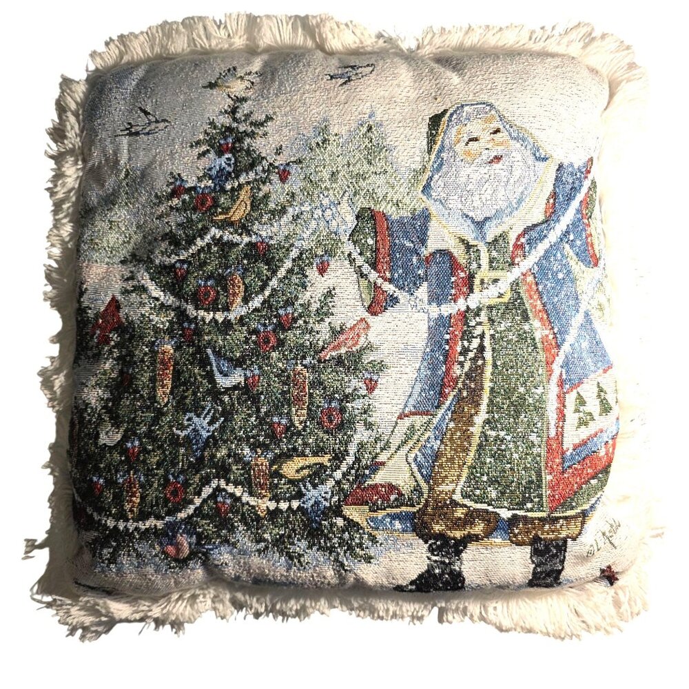 Tapestry Pillow Santa Christmas Tree Fringe old world birds festive snow winter